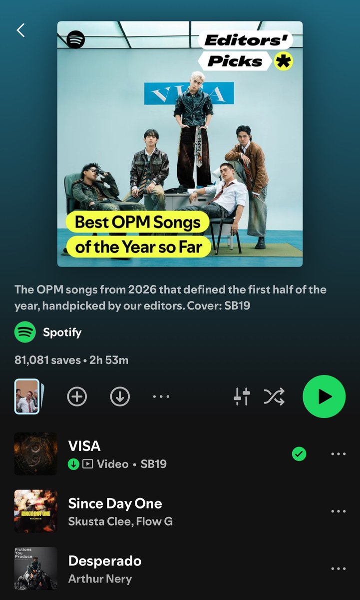 Ssobconovitch's tweet photo. Have you guys seen this?? SB19’s VISA is featured on Spotify’s “Best OPM Songs of the Year so Far.” VISA is handpicked by Spotify’s editors standing at number one. Lezz go stream!!

@SB19Official #SB19 https://t.co/cDGkat8u5d