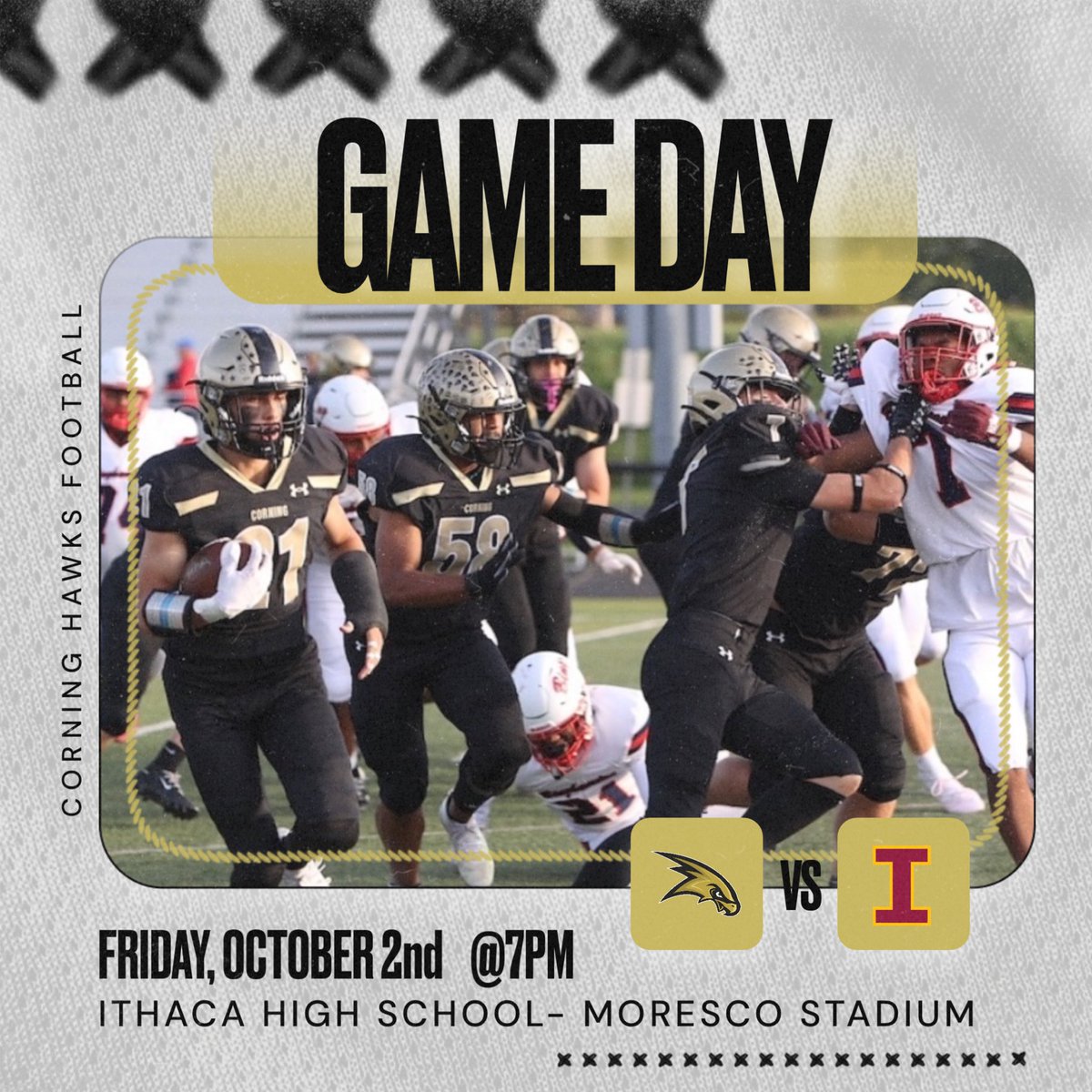 corningfootba11's tweet photo. GAME DAY!!!🏈
Corning Hawks VS Ithaca Little Red                                         
Friday, October 2nd
@ Ithaca High School- Moresco Stadium
@ 7pm
Live Stream: https://t.co/jANWQ7hntw https://t.co/KvrIFDNHBz