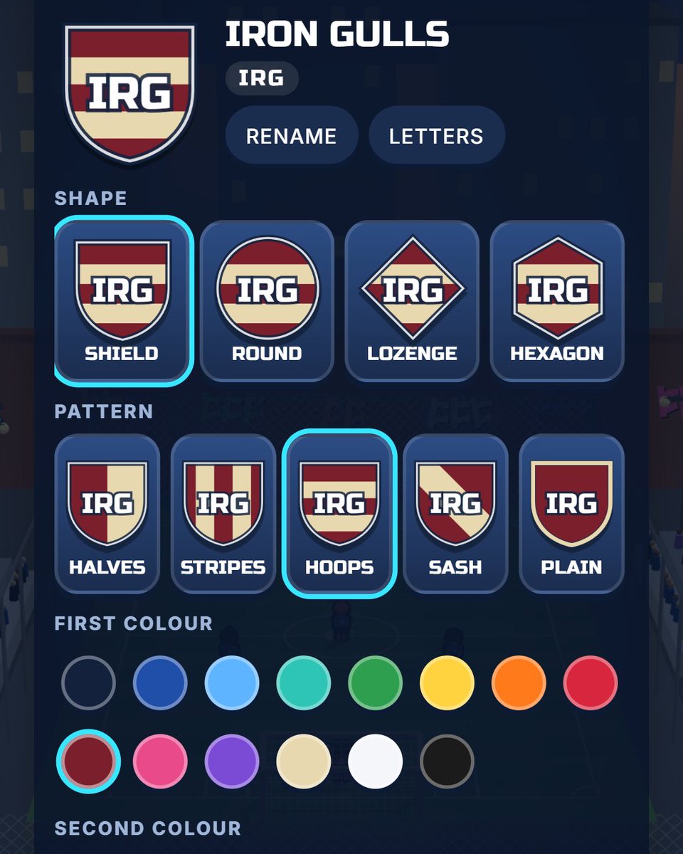 HandofBot's tweet photo. Your club's crest is drawn in code. 4 shapes, 5 patterns, 14 colours.
That's 3,640 possible crests. I did the maths.
Mine's maroon and sand hoops. What would you pick?
#gamedev #indiedev #threejs https://t.co/4lioVCTqdA