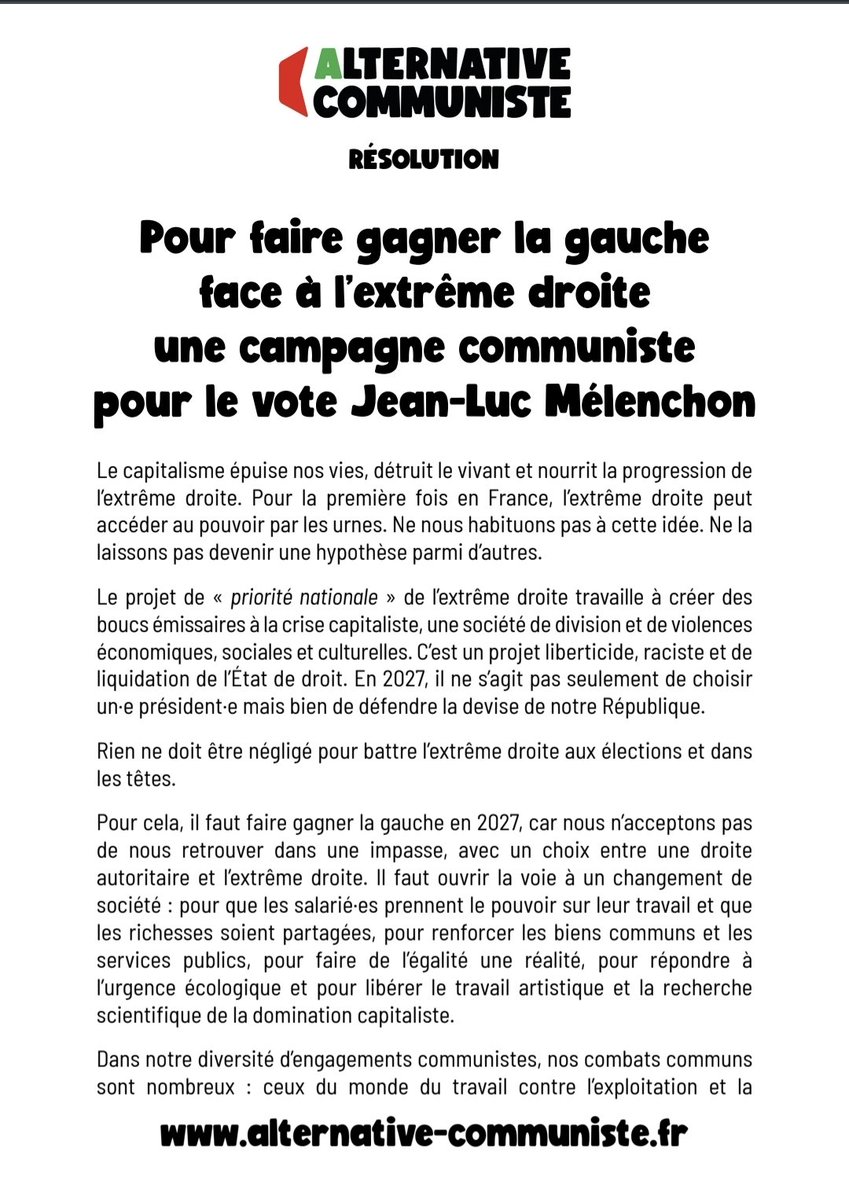 SynergiePop's tweet photo. 🟣🔻- FRONDE au @PCF !
Dans sa résolution le groupe @AlternCom, réseau de communistes, membres ou non du PCF, annonce soutenir @JLMelenchon !

"Nous rendrons publique la liste des premiers signataires de cet appel le 14 octobre 2026."

#Melenchon2027 https://t.co/w15kE7ZstY