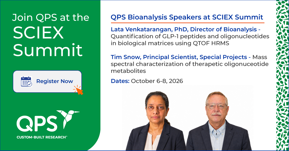 QPSHoldingsLLC's tweet photo. Explore advanced #LCMS with #QPS experts Lata Venkatarangan and Tim Snow at #SCIEXSummit, Oct. 6–8. Discover QTOF HR #LCMS quantitation of peptides and oligos, plus oligo MetID. Register: https://t.co/ZpKJuYkeZV, learn about QPS: https://t.co/0kxWOqvZHr or email us: info@qps.com. #DMPK