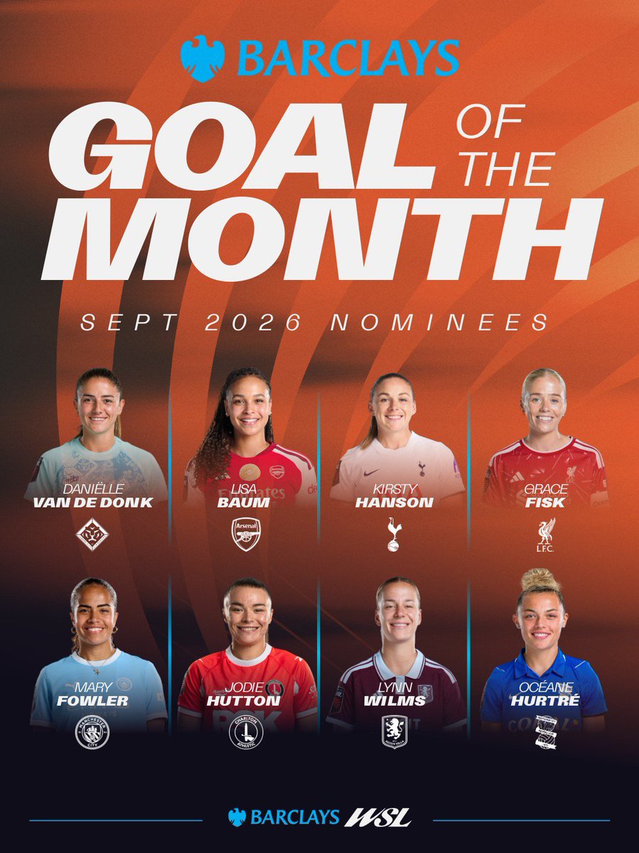 BarclaysWSL's tweet photo. Who’s your pick for the first @barclaysfootball Goal of the Month award of the season? ⚽️

The nominees are: Daniëlle van de Donk, Lisa Baum, Kirsty Hanson, Grace Fisk, Mary Fowler, Jodie Hutton, Lynn Wilms and Océane Hurtré

Vote now! 🗳️ 👇

https://t.co/zAGgePG4TN

#GOTM #BarclaysWSL