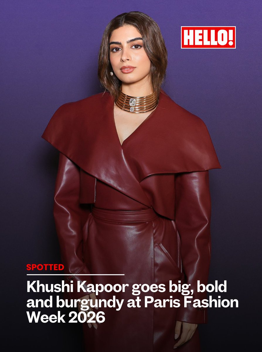 HELLOmagIndia's tweet photo. #KhushiKapoor brought burgundy drama to #ParisFashionWeek, arriving at #Messika’s 'Terres de Contrastes' high-jewellery event in a floor-length leather trench, sculptural Messika neckpiece &amp; black lace-up heels. #HELLOIndia #HELLOMagazine #ParisFashionWeek2026 @MessikaJewelry https://t.co/Oqb3Z1OGaH