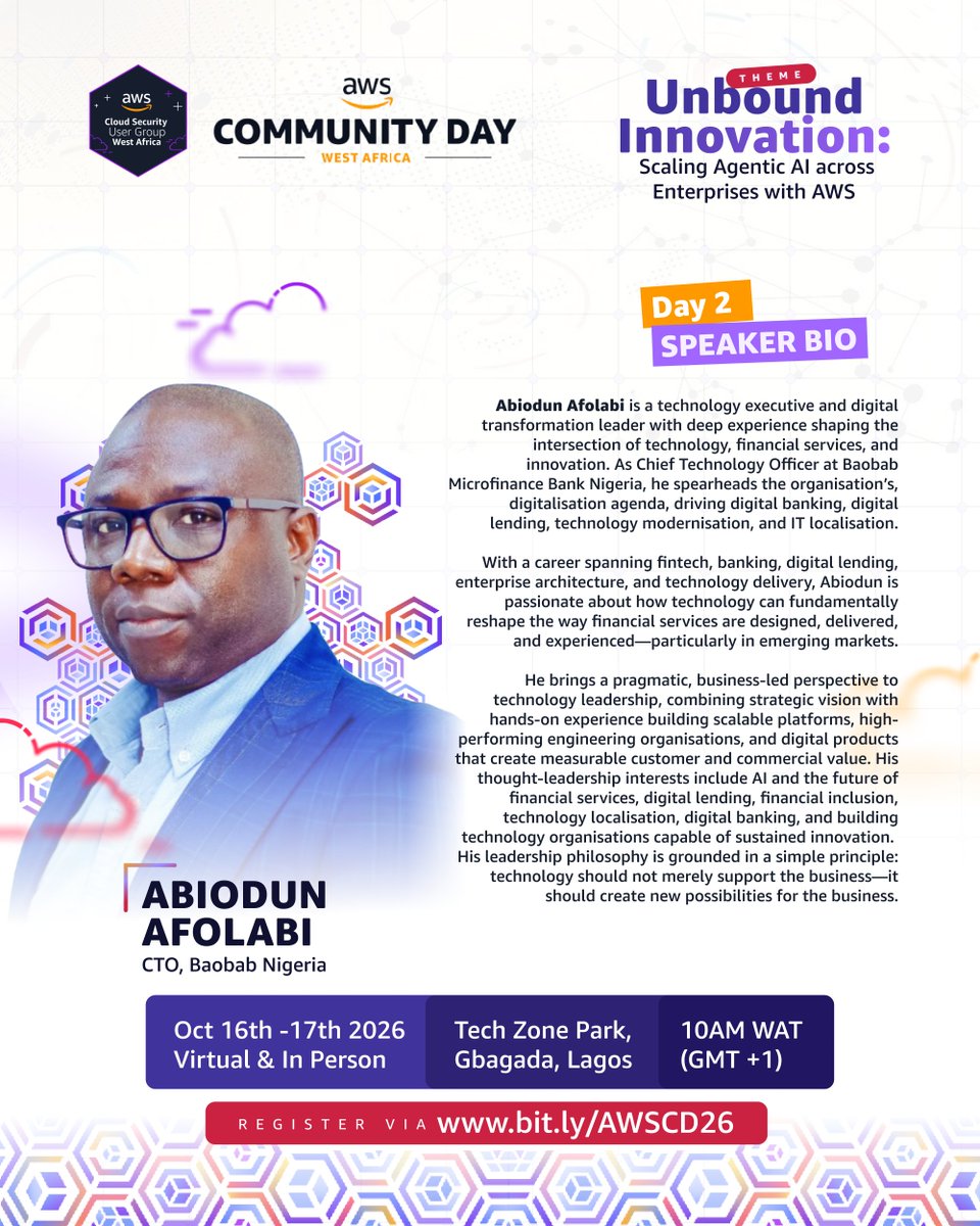 awssecwestafri's tweet photo. Speaker Spotlight: Day 2 🎤

Abiodun Afolabi, CTO at Baobab Nigeria, on securing agentic AI in banking without killing the innovation:

"Agents at the Gate: Securing Agentic AI in Banking Without Slowing Innovation"

👉 Register: https://t.co/B3TRPAXasw

🗓️ Virtual: Oct 16, 2026
🗓️ In-Person: Oct 17, 2026
🕙 10AM WAT (GMT+1)
📍 Zone Tech Park, Gbagada, Lagos

#AWSUserGroups #AWSCommunityDay #AWSCD26 #ACSUG #AgenticAI