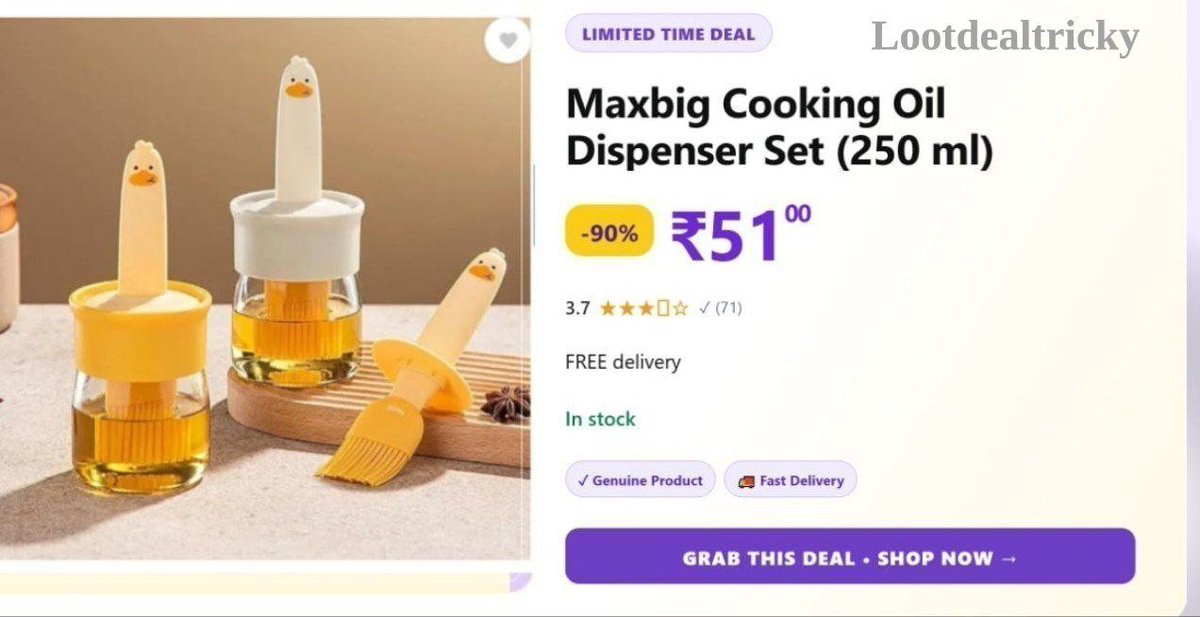 labhsingharya's tweet photo. Cooking Oil Dispenser (250 ml) at 51.
https://t.co/7ZlPRefh4U

Min Buy Qnty = 2

​#Dispenser ​#Kitchenware https://t.co/XOxfY1jb9Q