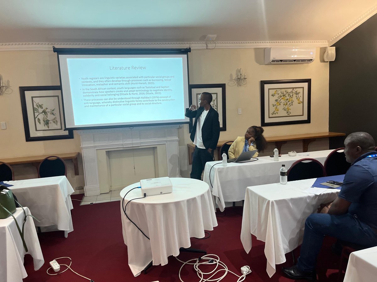 LinguisticUnisa's tweet photo. At the #LSSAConference, Ms Karabo Sinah Mafetsa and Mr Thato Baloyi presented on false friends between official languages and youth registers, exploring how language change can outpace standard lexicography. The presentation was well received and generated encouraging feedback. https://t.co/kjrzZnLp3n