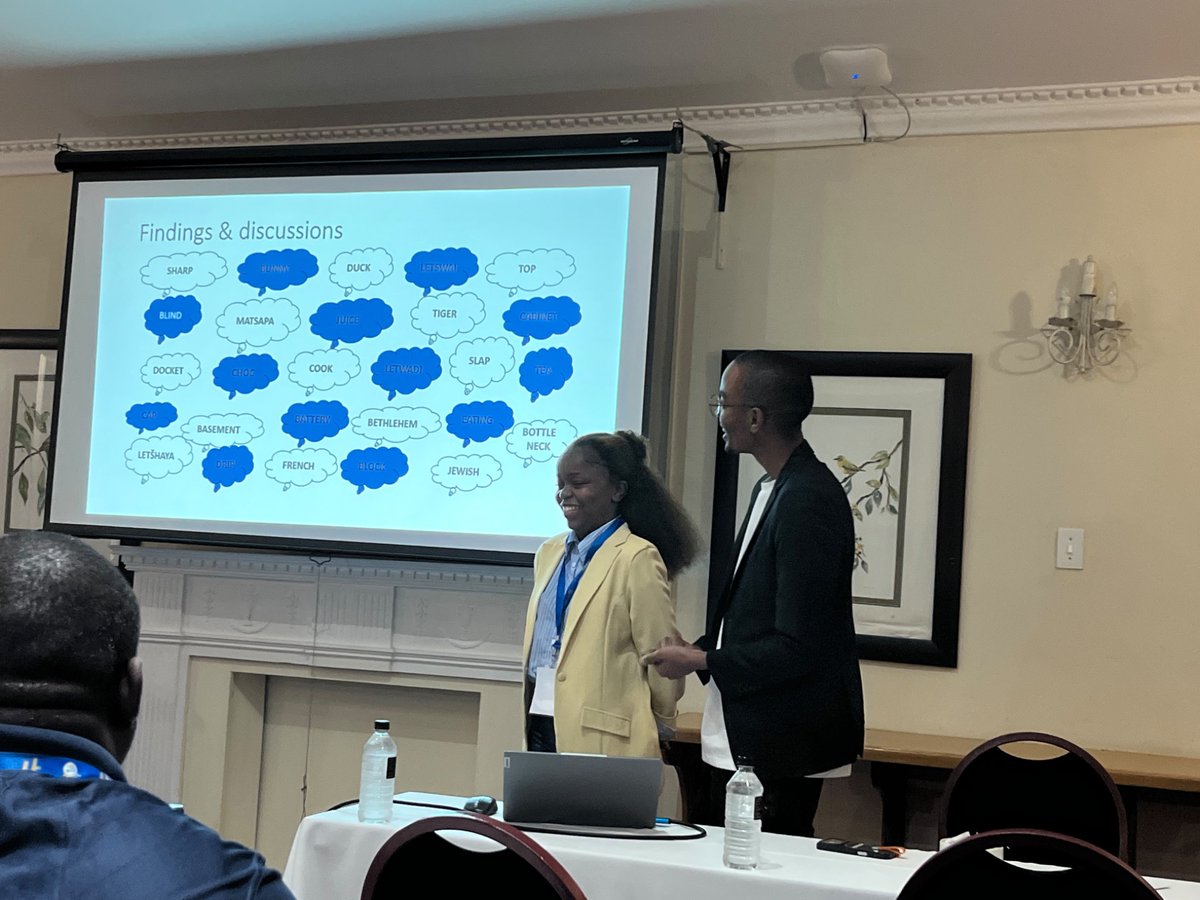 LinguisticUnisa's tweet photo. At the #LSSAConference, Ms Karabo Sinah Mafetsa and Mr Thato Baloyi presented on false friends between official languages and youth registers, exploring how language change can outpace standard lexicography. The presentation was well received and generated encouraging feedback. https://t.co/kjrzZnLp3n