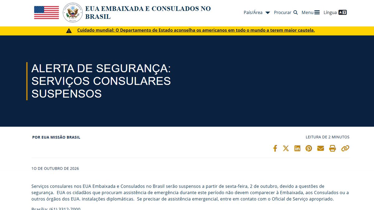 AnaliseGeopol's tweet photo. 🇧🇷🇺🇸 Os EUA suspenderam suas atividades diplomáticas no Brasil, alegando "risco de segurança" sem detalhar o motivo e prazo da suspensão. Serviços presenciais de consulados dos EUA estão suspensos no Brasil por prazo indeterminado. O movimento ocorre em meio a tensões sobre a possibilidade de interferência dos EUA nas eleições brasileiras.