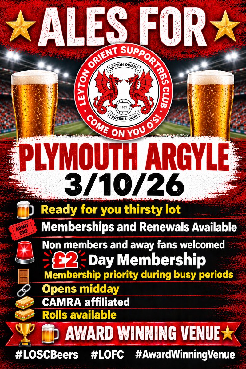 LOFCSupporters's tweet photo. ALES FOR PLYMOUTH ARGYLE 3/10/26:

https://t.co/Rzrfqp8CqA

Note that entry for AWAY FANS and NON MEMBERS is now * £2 * (cash preferred). Limited entry and members given priority. 

DOORS Midday

MEMBERSHIPS and RENEWALS available in person

#lofc #OrientSupporters #LOSCBeers https://t.co/MrkIpBcdws