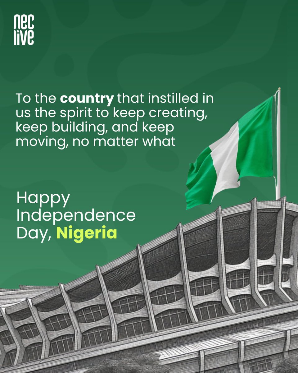 necliv's tweet photo. Today, we’re celebrating every Nigerian putting something into the world that makes people stop.
To the creativity.
To the resilience.
To the people carrying a little bit of home everywhere they go.
Happy Independence Day, Nigeria. 🇳🇬
#HappyIndependenceDay #neclive https://t.co/891CGw4Vc6