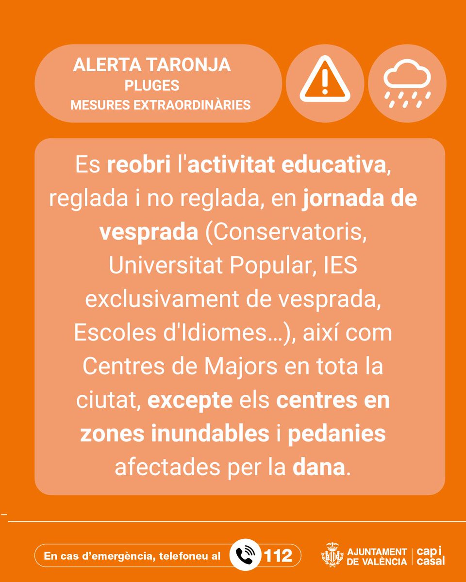 AjuntamentVLC's tweet photo. ⚠️ En la reunió de seguiment de pluges d'este matí i després d'actualitzar-se la informació sobre preemergències meteorològiques i @gva112 establir l'alerta taronja 🟠 per pluges i groga 🟡 per tempestes a #València, s'han adoptat les següents mesures mentre seguisca en vigor👇

Extrema les precaucions i seguix les recomanacions 🔽