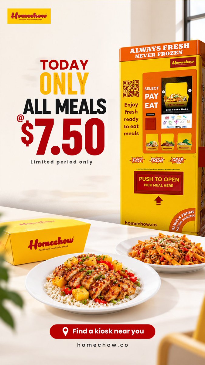 HomechowCo's tweet photo. FRIDAY, PICK YOUR VIBE.
TODAY ONLY: ALL MEALS $7.50
Fresh. Ready-to-eat. Made for your Friday.
Find a Homechow kiosk near you.
#homechow #deliciousness #foodtech #gourmet #freshmeals https://t.co/de191f5IBw