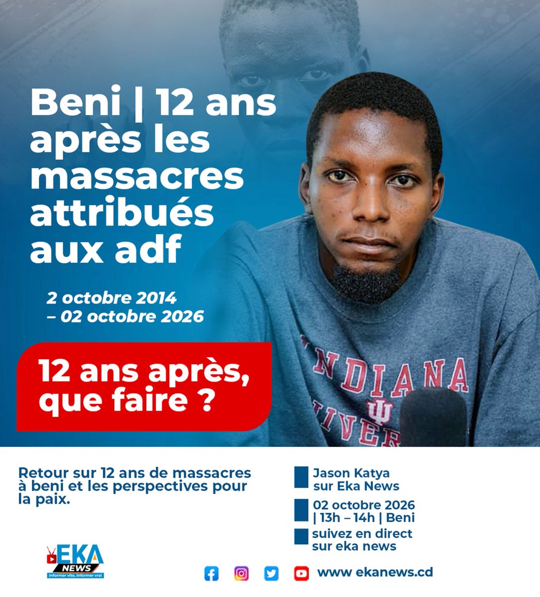GeorgesKisando's tweet photo. Jason KATYA SUR EKA NEWS
À l’occasion de la commémoration, ce 2 octobre, du massacre de Kokola, considéré comme l’un des événements marquants du début des massacres dans le Grand Nord de la RDC, Jason Katya est en direct sur le plateau de EKA News.
Il revient sur le contexte de cette tragédie, sa portée historique et la mémoire des victimes, alors que la région continue de faire face aux violences.

EN DIRECT 

https://t.co/53gh81QBJd
