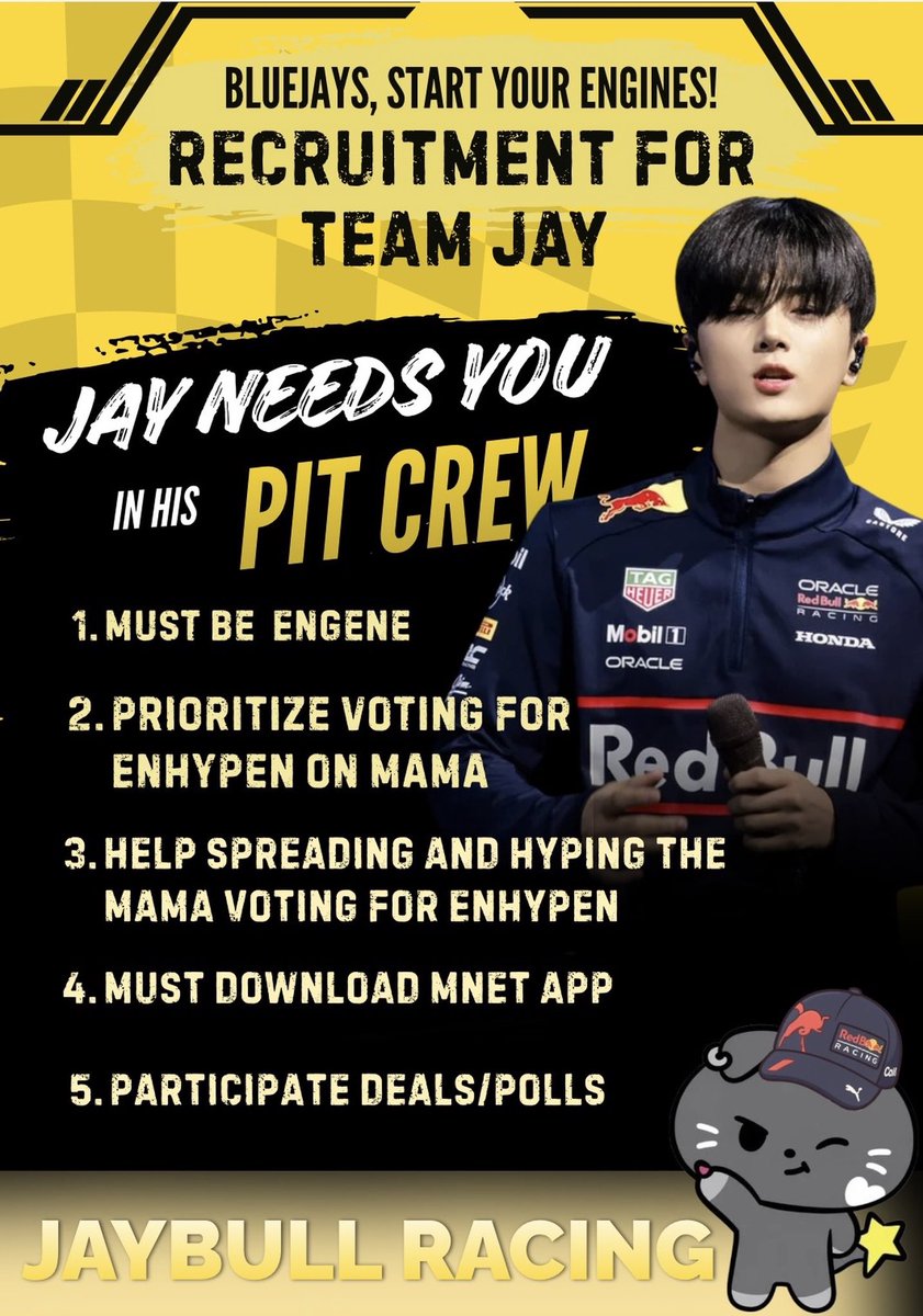 jayseongieee's tweet photo. RECRUITMENT IS NOW OPEN!
Join the PIT CREW of JAYBULL RACING and help DRIVER JAY as we push for P1! ๐๐
Ready to join the race? Buckle up and letโs go! ๐๏ธ๐จ
Media Crew: @ENHYPENJAYHQ
๐: https://t.co/sKMbXmlT9j
#EMGP2026
#TEAMJAYBULLRACING
#ENHYPEN https://t.co/WYZbK2iOUk