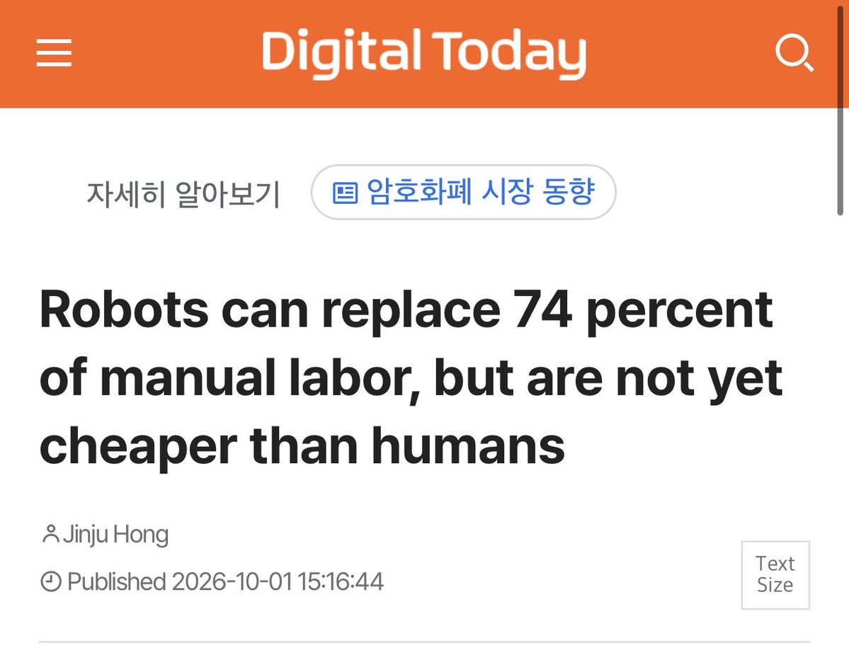 pythonmechanism's tweet photo. أنثروبيك (ورقة «ماذا يستطيع الروبوت أن يعمل؟»، 30 سبتمبر 2026): ينفّذ الروبوت 74% من مهام العمل الجسدي في أمريكا، أي 34% من إجمالي ساعات العمل. المنافسة السعرية مع الإنسان تقتصر على 0.3% من المهام.

التعبئة قريبة من التعادل: الروبوت يغطي 97% من وقتها، وتكلفة الإنسان نحو 49 ألف دولار مقابل 45 ألف للروبوت، بفارق 2500 لصالح الآلة. يشمل ذلك نحو 300 ألف عامل ينفّذ الروبوت 95% من مهامهم.

التحليل: انخفض السعر تاريخيًا 3% سنويًا. لبلوغ المنافسة على 10% من العمل يلزم انخفاض التكلفة نحو 70%، أي 40 سنة على المسار القديم. حتى لو تسارع الانخفاض أربع مرات، لن يصبح نصف العمل الجسدي أرخص قبل 2050.

القدرة متوفرة، والتكلفة هي ما يوقف القرار.

الزبدة: «74% قدرة لا تعني 74% استبدال. الاستبدال يبدأ حين تختفي التكلفة، لا حين يقدر الروبوت على إمساك الشيء».