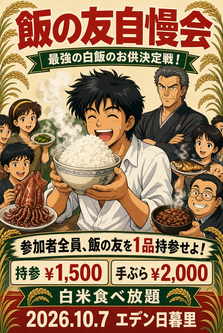 kmns_official's tweet photo. 【緊急告知】10/7(水)18:00よりエデン日暮里にて「飯の友自慢会」を開催します🍚✨

皆様が愛してやまない白米に合う最高の逸品をぜひ持参してお集まりください！みんなで白米を食いまくりましょう。

折角なので、皆様が好きな「飯の友」をリプライで教えてくださいね！

#エデン日暮里 https://t.co/fGBFnzGviZ
