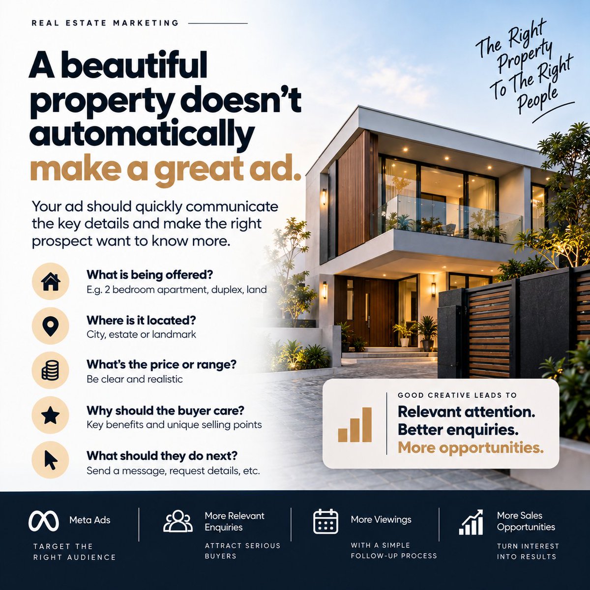MukhtarAds's tweet photo. Real estate ads should sell the opportunity, not just the property.
Show the right property.
To the right audience.
With the right offer.
Attention → Enquiry → Opportunity
#RealEstate #MetaAds #LeadGeneration https://t.co/xHIAun6koX