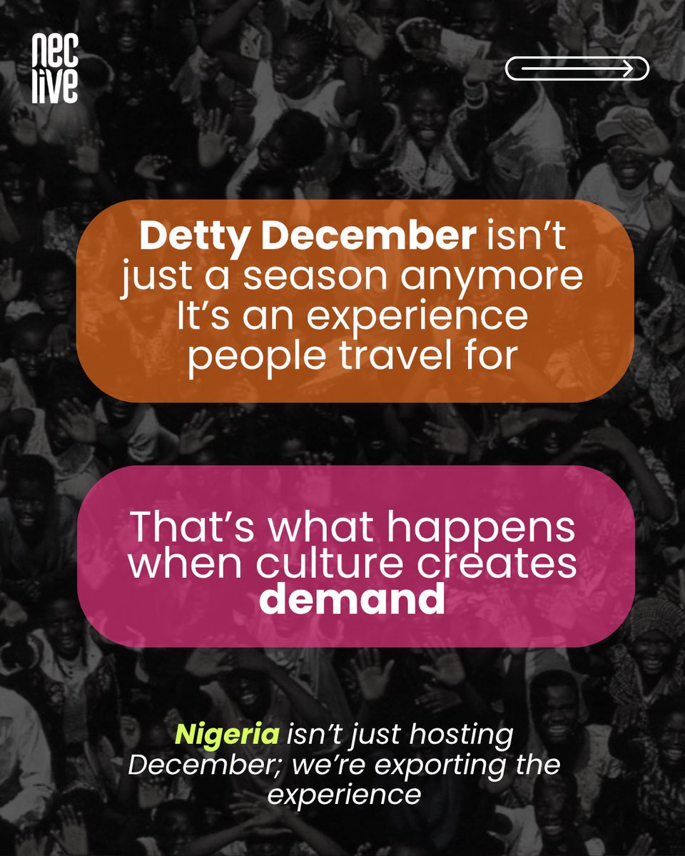necliv's tweet photo. Detty December stopped being just a thing Nigerians did in December.
It became something people started planning around.
And the funniest part?
A season we created for ourselves is becoming something people outside the country actively want to experience.#NECLive13 #HomeAdvantage https://t.co/652x6kT8lJ