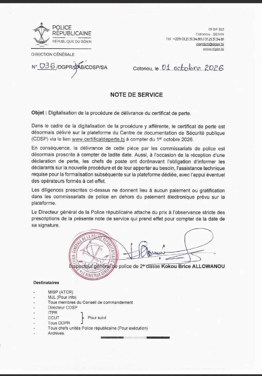 Comunityreel's tweet photo. 🇧🇯 Le certificat de perte est désormais digitalisé au Bénin à partir du 1er Octobre 2026 https://t.co/FaMai5THW5