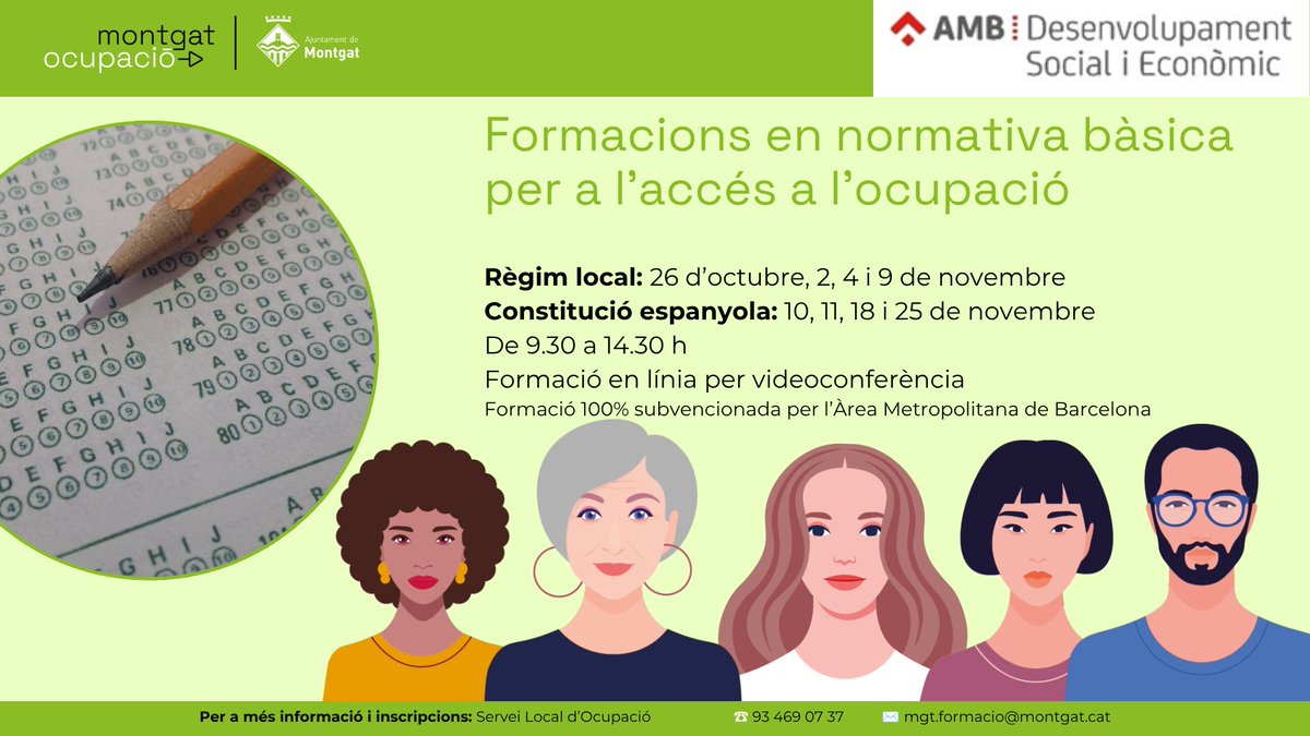 Montgat's tweet photo. 📚 Vols preparar unes oposicions?
El Servei Local d’Ocupació de #Montgat ofereix formacions gratuïtes i en línia sobre:
📌 Règim local: 26/10, 2, 4 i 9/11
 Constitució: 10, 11, 18 i 25/11
🕤 9.30–14.30 h | 💻 Zoom
👉 Places limitades!
📞 93 469 0737 📧 mgt.formacio@montgat.cat https://t.co/UA1xot1V1i