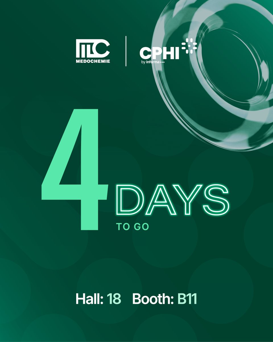 Medochemie's tweet photo. 4 days left until #CPHI!

👉 Come and visit us to explore new partnerships and discover the future of pharma with a trusted European pharmaceutical company.

📍 Hall 18 | Booth B11 https://t.co/VWDBuj0Zzz
