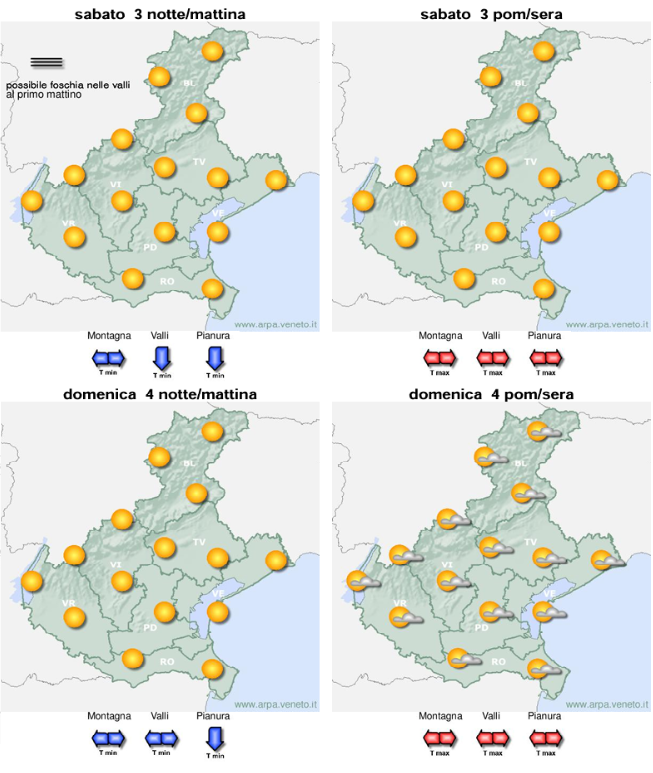 arpaveneto's tweet photo. #meteoweekend #veneto Primo week-end di ottobre soleggiato e mite, al più con qualche foschia nelle valli, e domenica anche su pianura sud-est, fino al primo mattino. Dettagli👉 https://t.co/7FBsNbrqhb https://t.co/zDLp5FO6OU