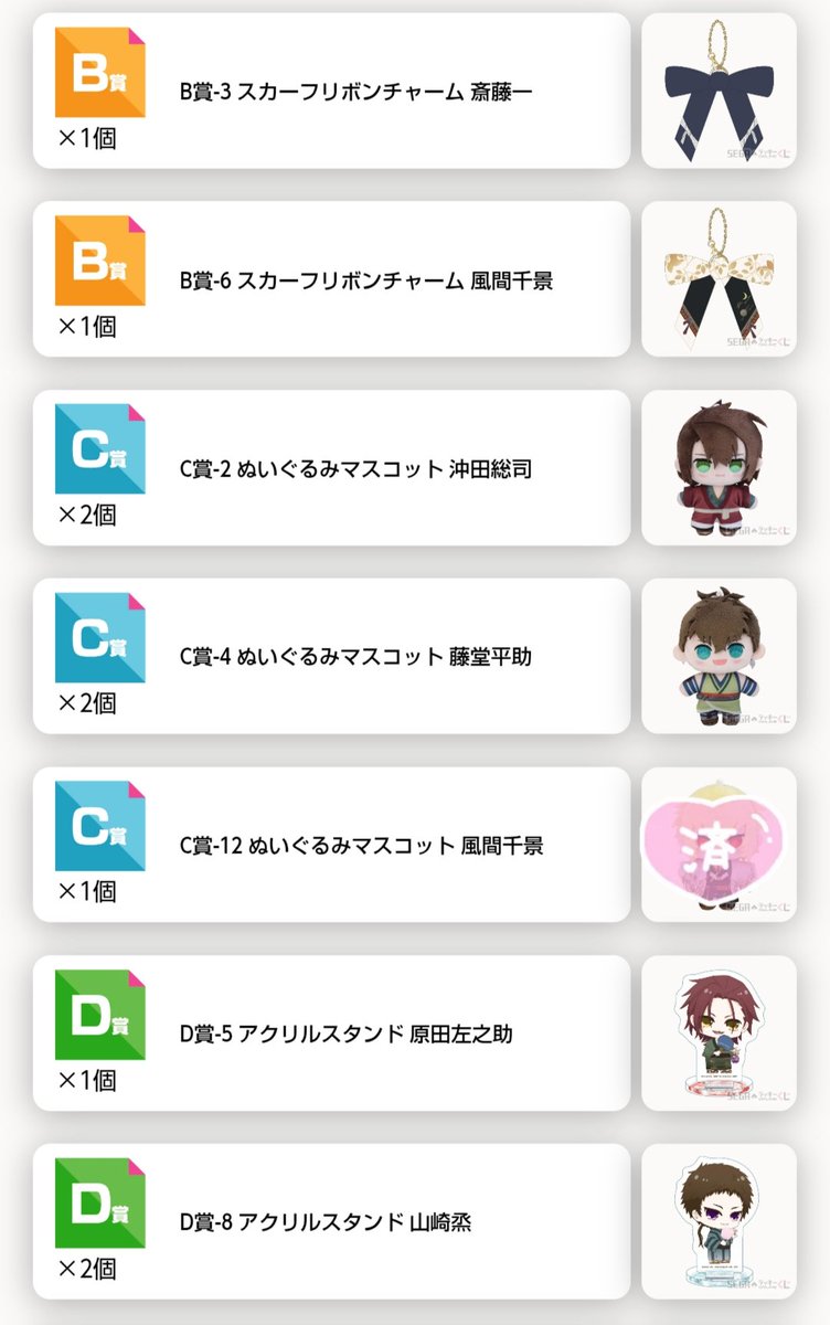 aya_927B's tweet photo. 【交換】
セガ ラッキーくじ オンライン
薄桜鬼 真改
《譲》
B賞 斎藤1、風間1
C賞 沖田2、藤堂2
D賞 原田1、山崎2、伊庭1
E賞 斎藤1 、藤堂1、原田1、山崎1、風間1
F賞 斎藤1、原田1、伊庭1
(求)↓
B賞 土方1
C賞 永倉、土方1、山南1
D賞～F賞 永倉

纏めての方優先。
よろしくお願いいたします。🌸 https://t.co/6QNc0BkiPH