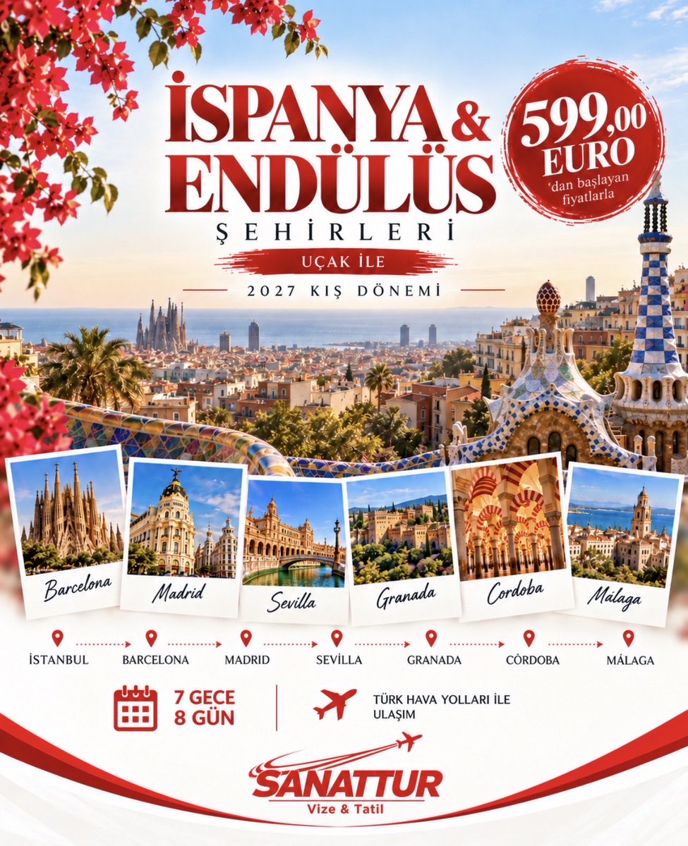 sanattur's tweet photo. 🇪🇸 İSPANYA & ENDÜLÜS ŞEHİRLERİ 🇪🇸
İspanya’nın büyüleyici şehirlerini keşfetmeye hazır mısınız? ✈️✨

📍 İstanbul – Granada – Valencia – Barcelona – Madrid – Sevilla – Córdoba – Mijas – Málaga
🏨 3★ / 4★ otellerde 7 gece 8 gün konaklama
✈️ Türk Hava Yolları ile uçaklı ulaşım
🚌 Şehirler arası transferler
🧑‍🏫 Profesyonel Türkçe rehberlik
💶 599 Euro’dan başlayan fiyatlarla

Endülüs’ün tarihi dokusundan Barcelona’nın eşsiz mimarisine, Madrid’in canlı atmosferinden Málaga’nın Akdeniz güzelliklerine uzanan unutulmaz bir İspanya deneyimi! ❤️

📩 Detaylı bilgi ve rezervasyon için bizimle iletişime geçebilirsiniz.

#Sanattur #İspanyaTuru #EndülüsTuru #Barcelona #Madrid