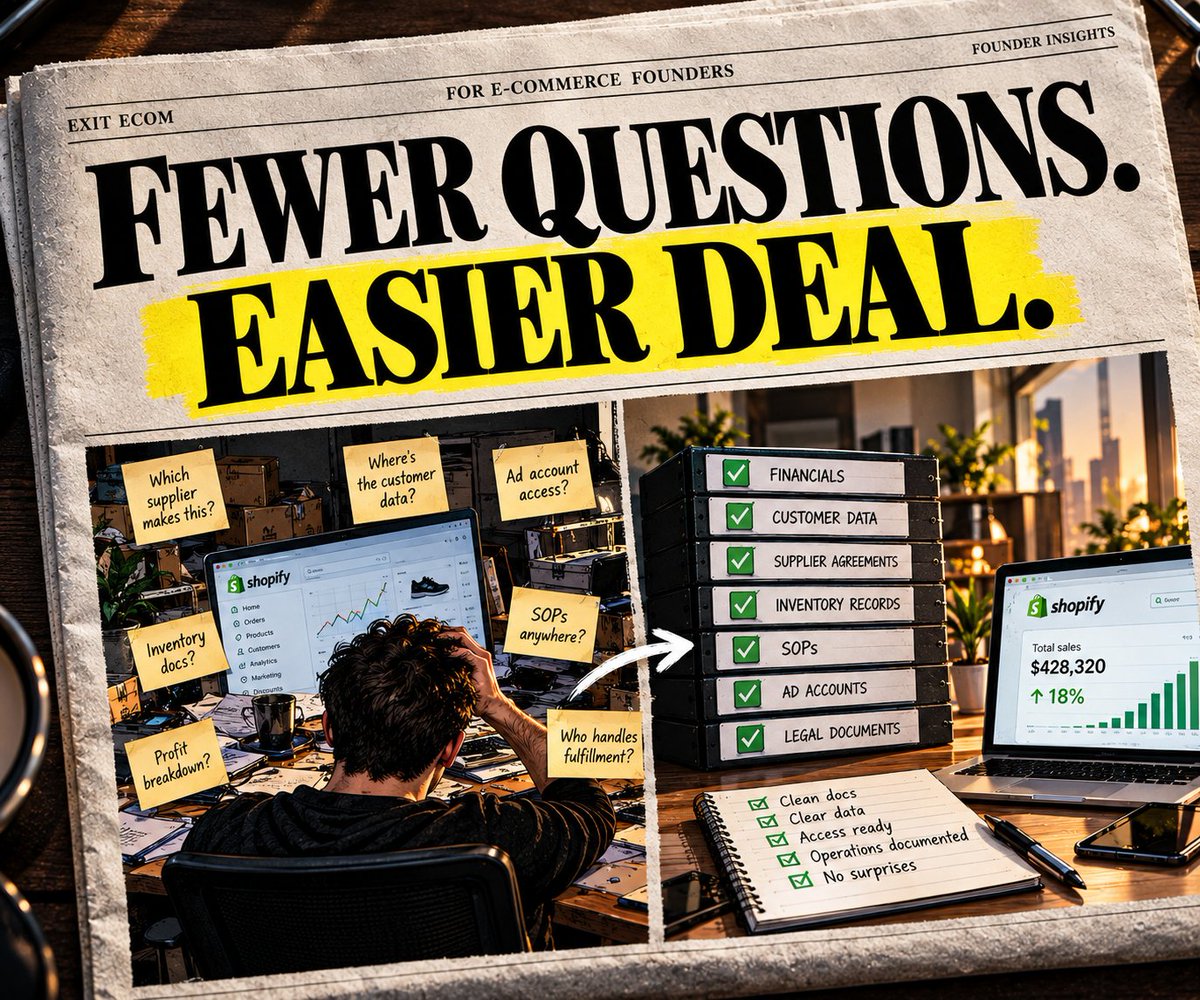 ExitEcom's tweet photo. The easiest deal to negotiate isn't always the business with the best numbers.

Sometimes it's the business that leaves the buyer with the fewest unanswered questions.

Financials are clean.

Documents are organized.

Customer data is clear.

Supplier relationships are documented.

Operations are understood.

Risks are disclosed.

Nothing important is hiding in someone's inbox.

That's what creates buyer confidence.

And confidence changes the conversation.

The less uncertainty a buyer has to price,

the more straightforward the deal becomes.