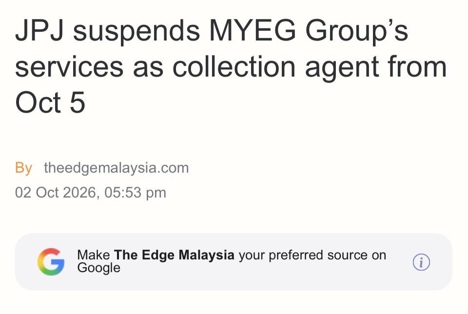 KlutzyKucing's tweet photo. MyEG dah tersangkut wehhhh!

Dah digantung perkhidmatan cukai jalan, pembaharuan lesen dan saman terafik dari MyEG atau Zetrix itu. 

Rupanya dah RM200 juta dia collect tapi tak remit pada kerajaan. Dah tiga tahun tak bayar baru ambil tindakan gantung.

Berita ini keluar mulanya di Straits Times Singapura. Media Malaysia tolong sahkan.

Macam mana JPJ boleh biarkan hasil tak dikutip 3 tahun????