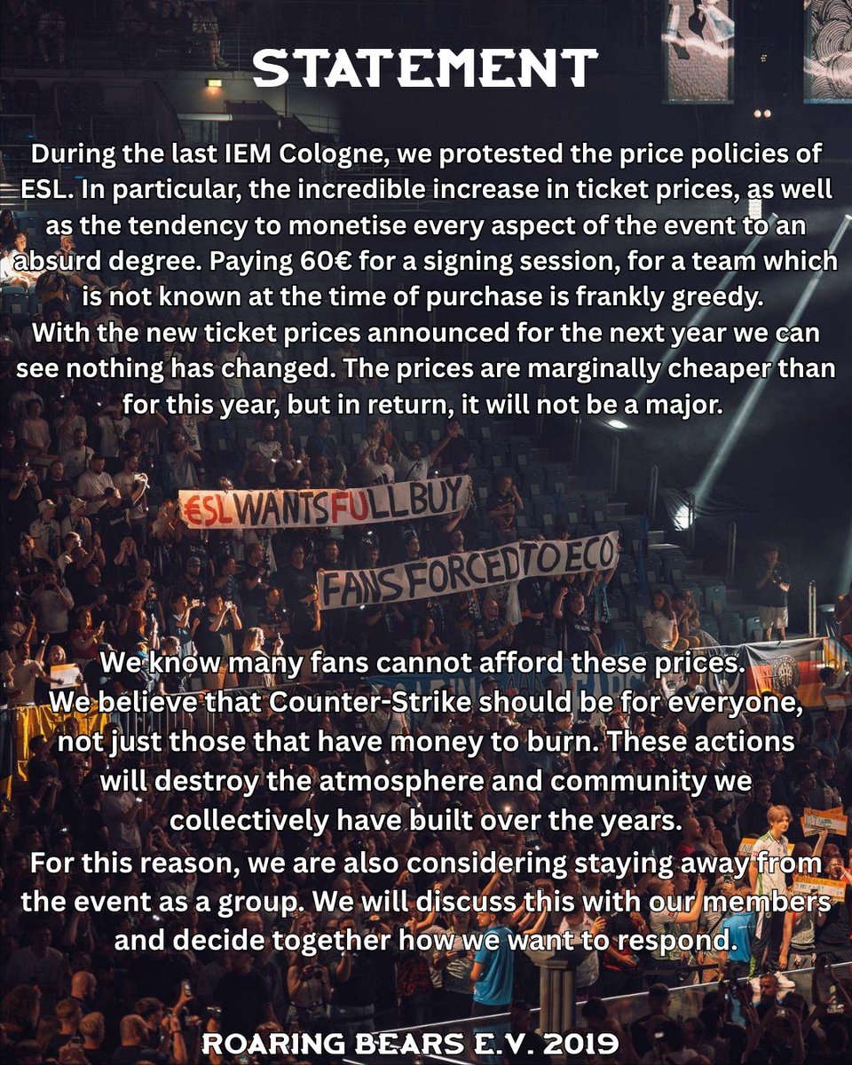Roaring_Bears's tweet photo. Statement #IEM Cologne 2027 https://t.co/9yTKGH5zpP