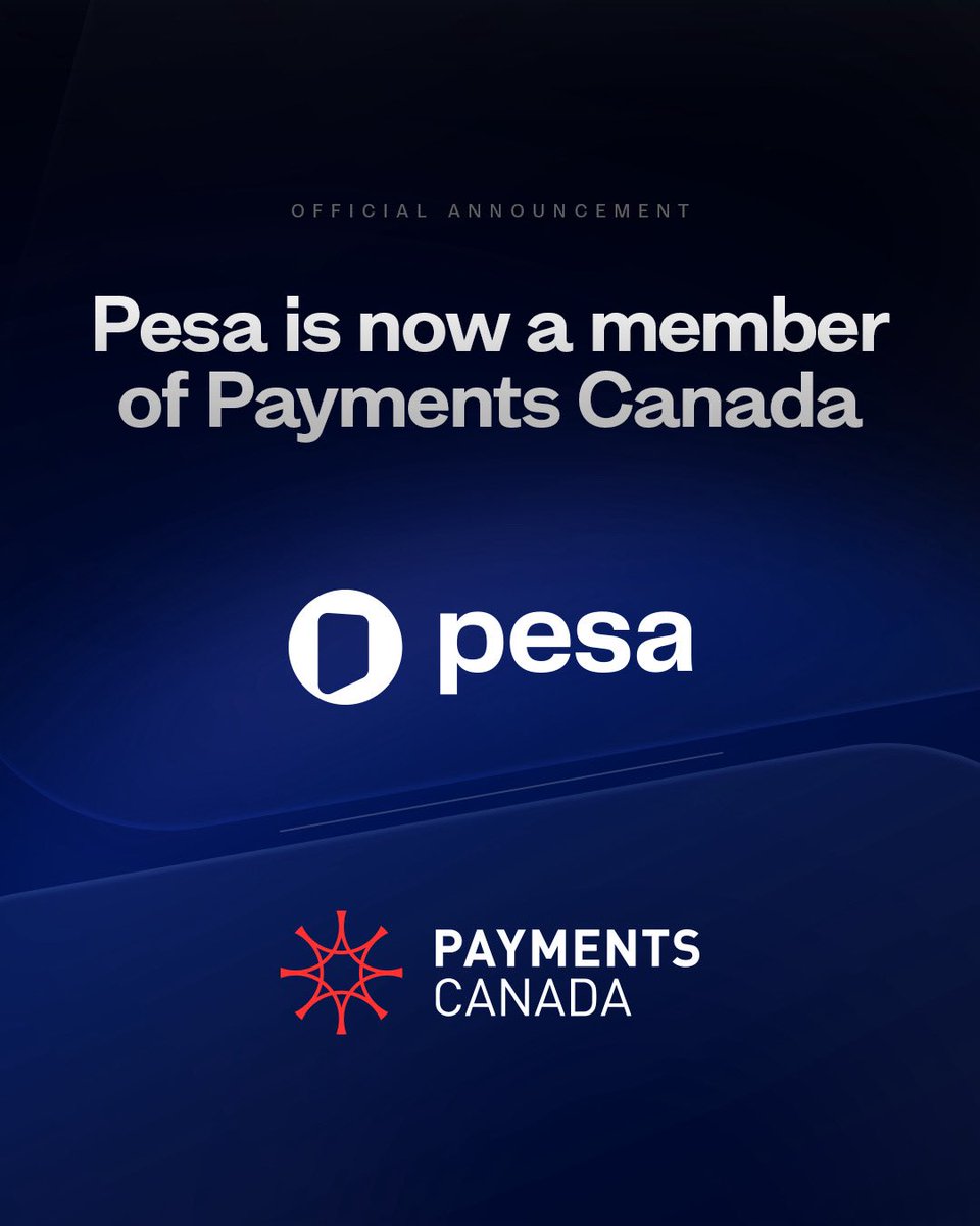 joinpesa's tweet photo. Pesa is now a member of Payments Canada, the organization behind Canada's core payment infrastructure. 🇨🇦

Nothing changes for you today. 

We're just building for what's next.

Think money. Think Pesa. https://t.co/QwGf0REwam