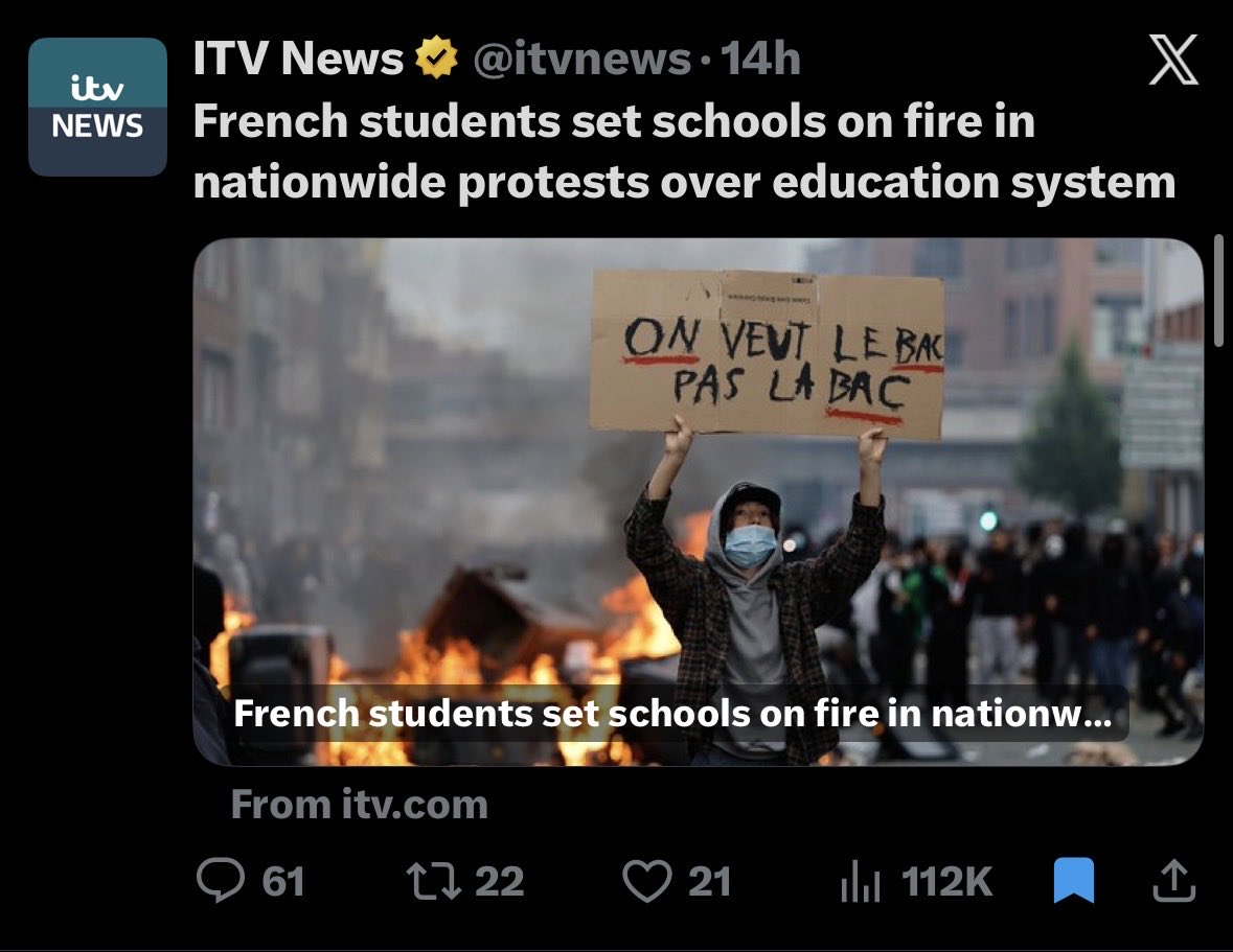 globalfireforum's tweet photo. @maurice_1960 @GOVUK @PhilipIngMBE @Mr_Andrew_Fox @FABSITEUK @EssexPR @cabinetofficeuk @crimestoppers @PoliceScotland @Selyst @LBC @GBNEWS @fire_scot @LondonFire @LondonAssembly @nestcentreorg @SecurityRollo @ProSecurityMag @kentfirerescue @PSOSGreaterGlas @Sandbagger_01 @ISE_Expo @DefenceBrink #ArsonAttacks #France
Continuation of the violence & civil unrest in France continues
Main stream news is now posting extensive coverage but social media remains a rich intelligence source
How long will the unrest continue
How will authorities respond
How many will be jailed https://t.co/X86okYY5PQ