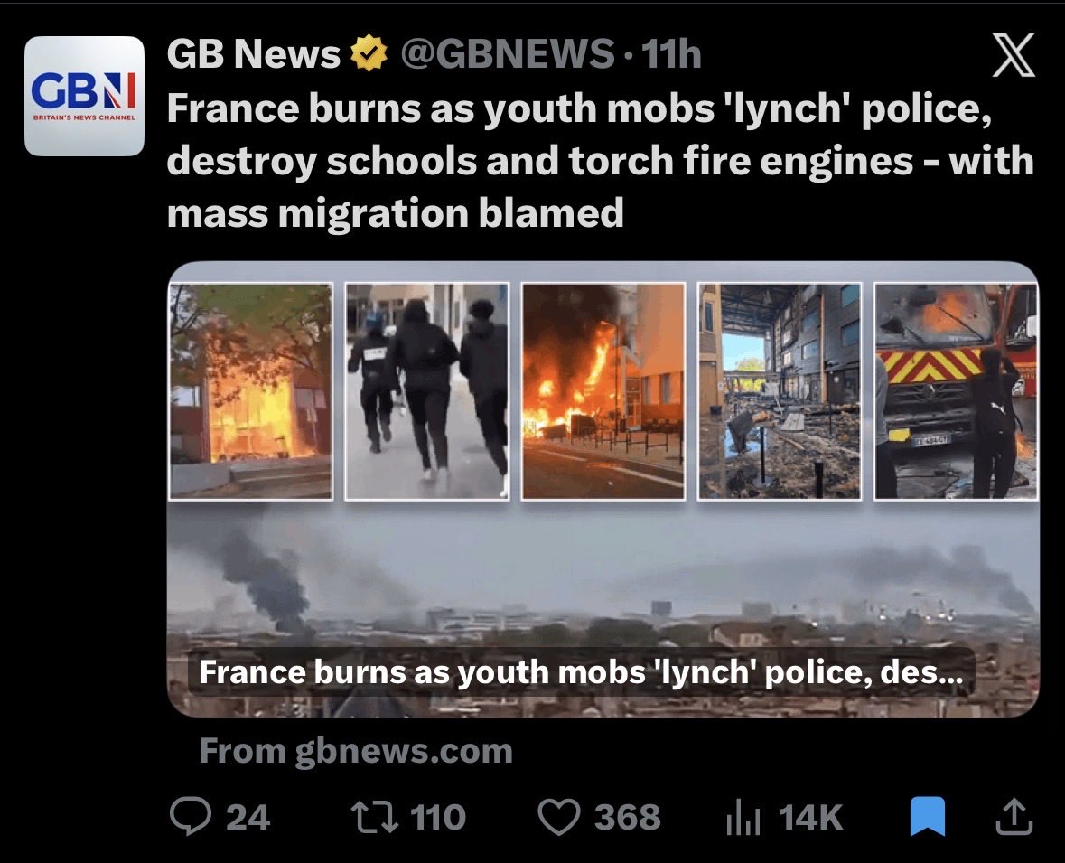 globalfireforum's tweet photo. @maurice_1960 @GOVUK @PhilipIngMBE @Mr_Andrew_Fox @FABSITEUK @EssexPR @cabinetofficeuk @crimestoppers @PoliceScotland @Selyst @LBC @GBNEWS @fire_scot @LondonFire @LondonAssembly @nestcentreorg @SecurityRollo @ProSecurityMag @kentfirerescue @PSOSGreaterGlas @Sandbagger_01 @ISE_Expo @DefenceBrink #ArsonAttacks #France
Continuation of the violence & civil unrest in France continues
Main stream news is now posting extensive coverage but social media remains a rich intelligence source
How long will the unrest continue
How will authorities respond
How many will be jailed https://t.co/X86okYY5PQ