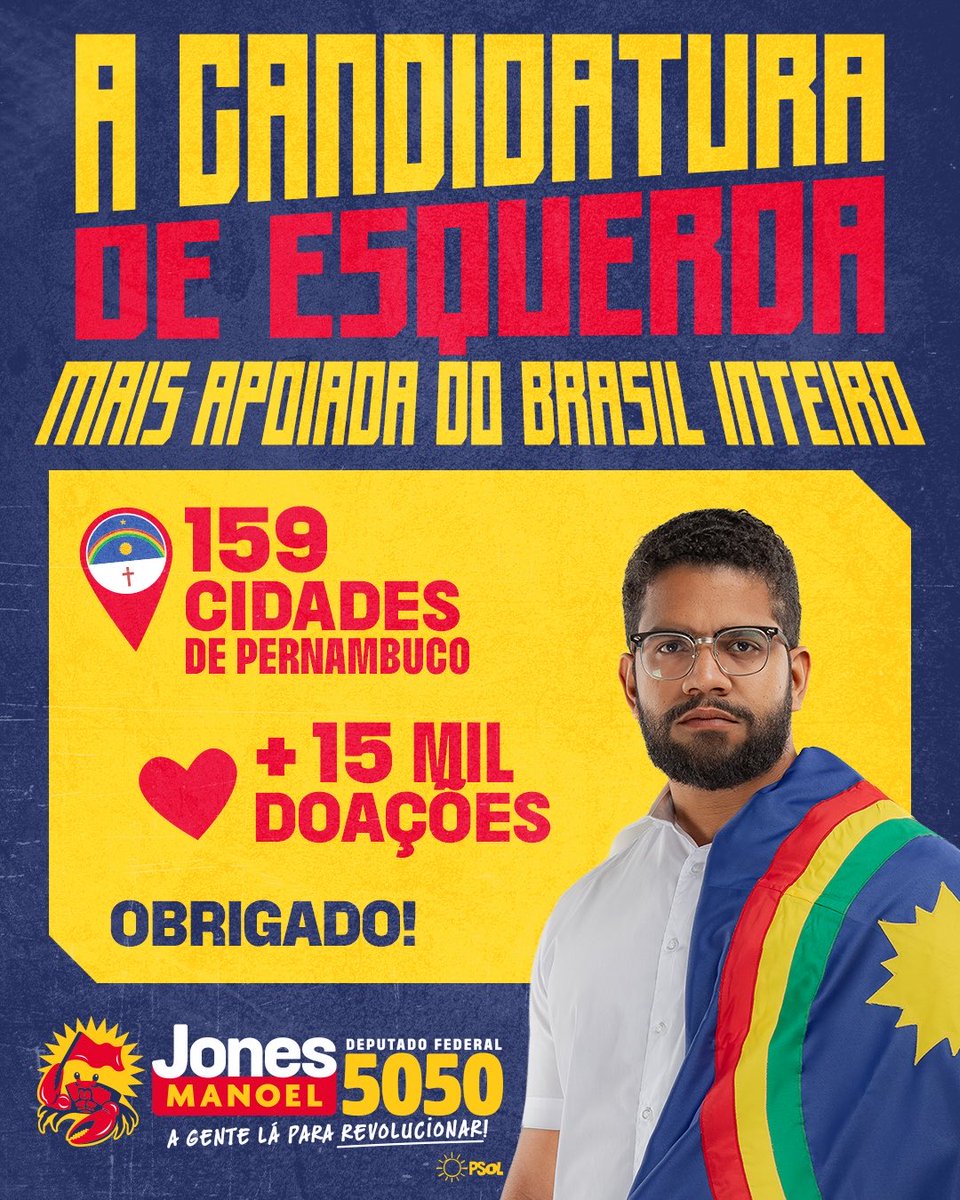 jonesmanoel_PE's tweet photo. Salve, camaradas!

Quero agradecer a todo mundo que chegou junto nessa campanha e fez ela acontecer, apoiando na nossa vaquinha. Graças a vocês, conseguimos fazer uma campanha linda, distribuir materiais de alta qualidade e rodar Pernambuco todo, do litoral ao Sertão!

Fomos a candidatura de esquerda mais apoiada de todo o Brasil, com mais de 15 mil doações. Foram 159 cidades em todo o estado de Pernambuco que contribuíram. Isso representa quase 90% de Pernambuco.

Somos muito gratos a todo mundo que fez essa campanha-movimento acontecer. Vamos chegar ao Congresso e colocar o poder de volta às mãos do povo trabalhador. Estamos fazendo um movimento histórico, e todo mundo aqui é parte disso. Valeu demais, e vamos juntos e juntas rumo à vitória. Rumo ao Congresso Nacional. É a gente lá para revolucionar!

Dia 4 é 5050 para deputado federal nas urnas de Pernambuco. Encontro vocês lá!

#Jones5050
Federação PSOL/REDE - PROPAGANDA ELEITORAL - CNPJ 68.571.443/0001-76