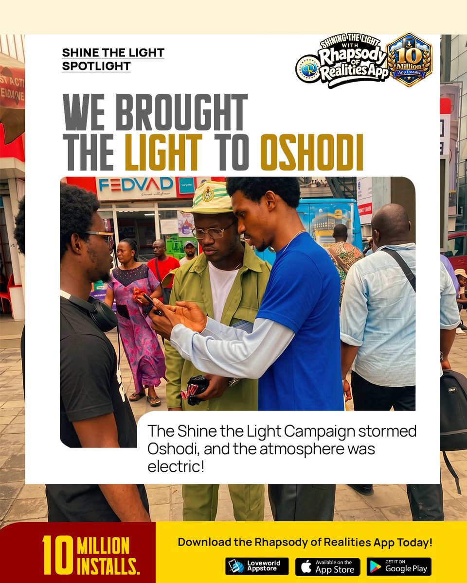 RhapsodyDaily's tweet photo. Oshodi, we came with the Light! 🔥

The Shine the Light Campaign brought God’s Word to the streets, connecting with people, sharing hope, and reminding hearts of the power of the Gospel.

One city reached.
More lives touched.
The Light keeps shining. 💡

#ShineTheLight #Oshodi #SpreadTheGospel #TheLight