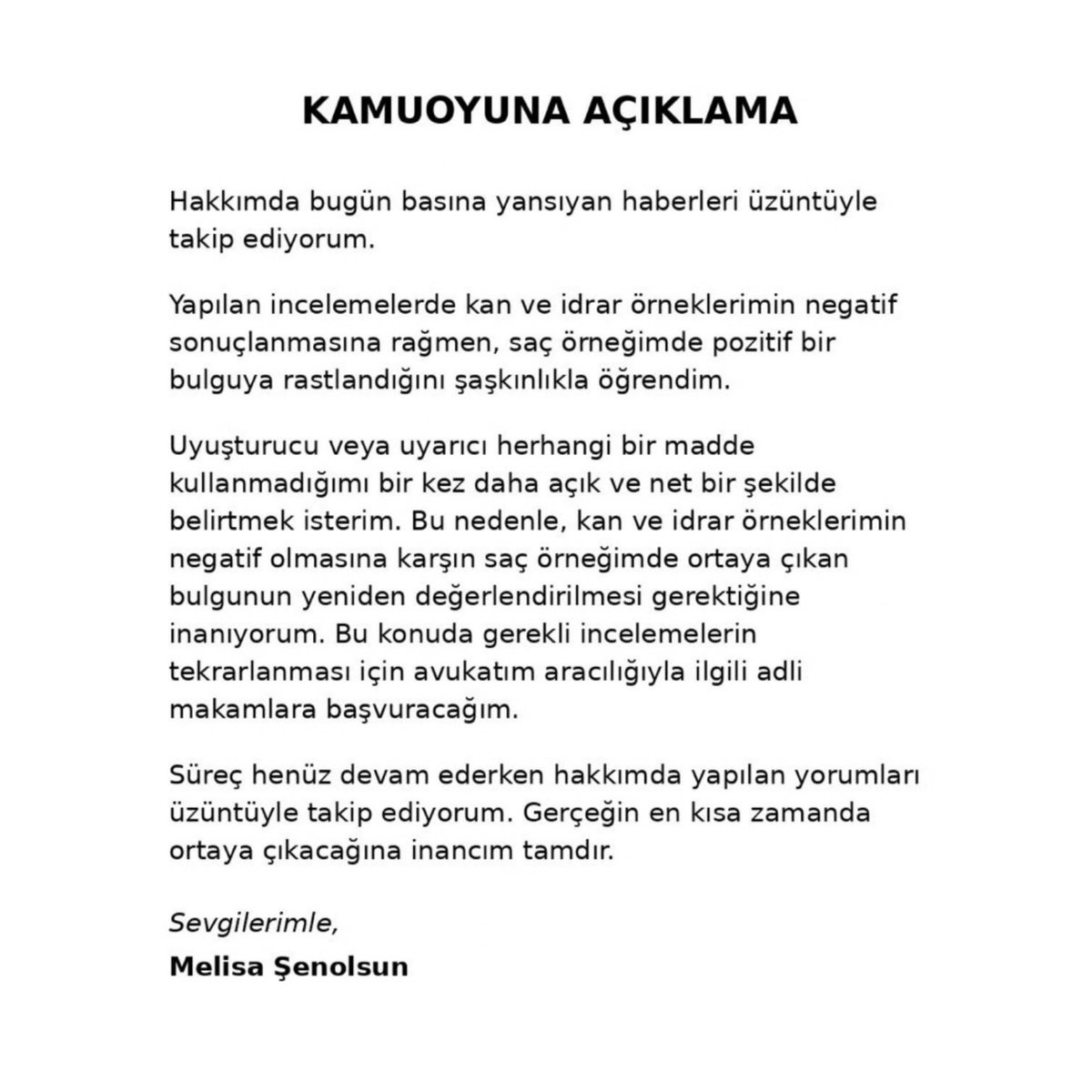 bosunatiklama's tweet photo. Uyuşturucu testi pozitif çıkan Melisa Şenolsun:

▬ Saç örneğimde pozitif bir bulguya rastlandığını şaşkınlıkla öğrendim.

▬ Uyuşturucu veya uyarıcı herhangi bir madde kullanmadığımı bir kez daha açık ve net bir şekilde belirtmek isterim. https://t.co/A9XhgbRqu9