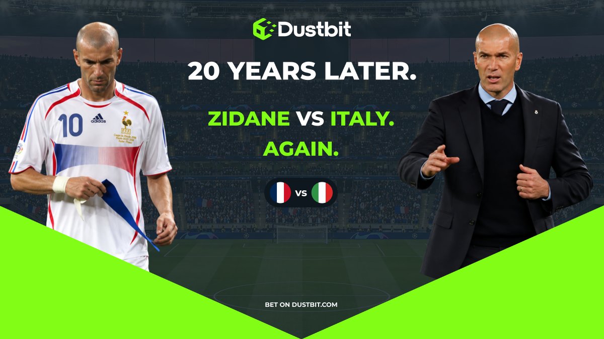 DustbitOfficial's tweet photo. 20 years later, Zidane faces Italy again.

His final game as a player:
🏆 2006 World Cup Final vs Italy

His first home game as France boss:
France vs Italy.

Different role. Same opponent.

Find your edge on Dustbit. https://t.co/YkF7AQXIWI