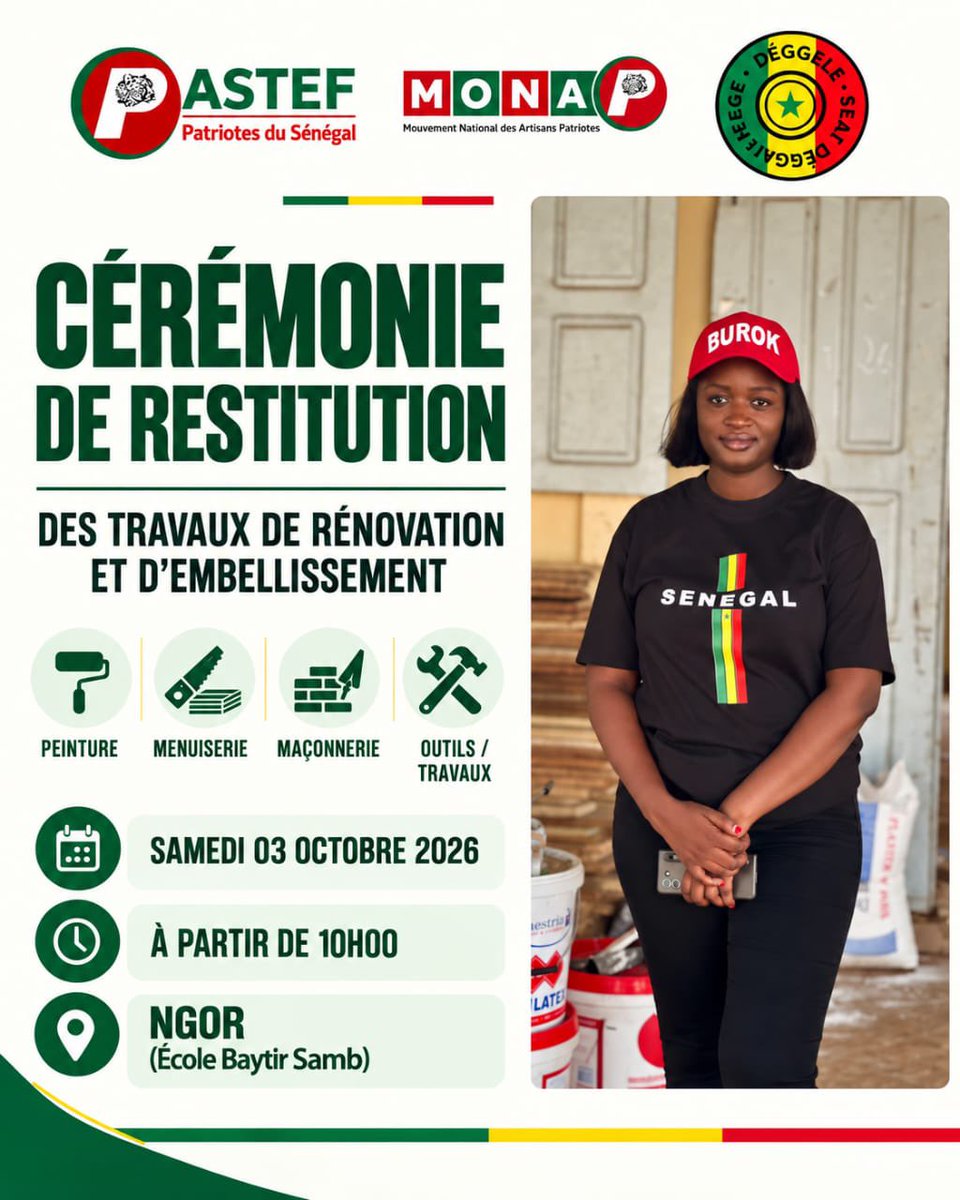 sophiezinga's tweet photo. Pendant près de dix jours, des femmes et des hommes, des artisans, des jeunes, des associations et des habitants de Ngor ont donné de leur temps, de leur énergie et de leur savoir-faire au service de l’École Baytir Samb.

Demain, au-delà des travaux réalisés, nous célébrerons surtout ces femmes et ces hommes qui ont choisi d’agir ensemble, au service de leur communauté.

BUROK. Le travail. L’engagement. La communauté.

Rendez-vous demain
 À partir de 10h00
École Baytir Samb – Ngor

Votre présence nous fera grand plaisir