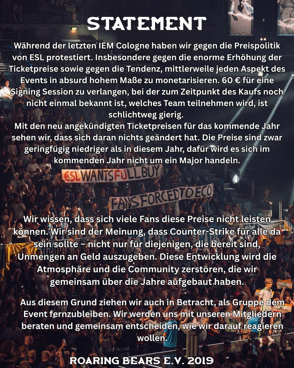 Roaring_Bears's tweet photo. Statement #IEM Cologne 2027 https://t.co/9yTKGH5zpP
