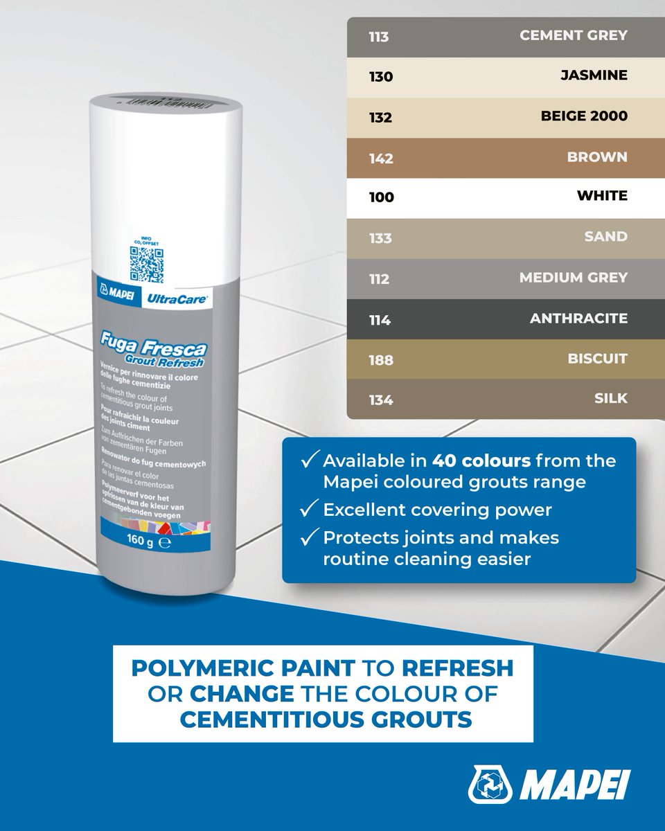 MapeiUKLtd's tweet photo. UltraCare Fuga Fresca is a ready-to-use #paint for internal areas which is quickly and easily applied to rejuvenate, refresh and modify the colour of cementitious #grout joints between #tiles. https://t.co/UfH1m6E7wx
#tiling #tiler #trade #DIY #GroutRefresh #GroutPaint https://t.co/eCOCHQYPeV