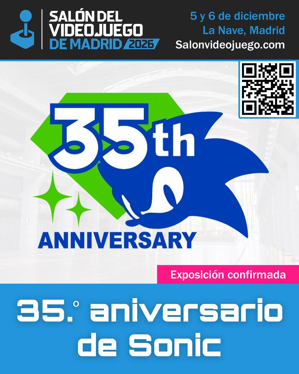 salonvideojuego's tweet photo. ¡Sonic cumple 35 años y en el Salón del Videojuego de Madrid lo celebraremos por todo lo alto! 💙

En la zona de museo tendremos una exposición especial dedicada a la historia del erizo azul, desde sus orígenes hasta hoy.

¡Os va a encantar!

#Sonic35 #SonicTheHedgehog #SVM2026 https://t.co/CYeq4U9hdh