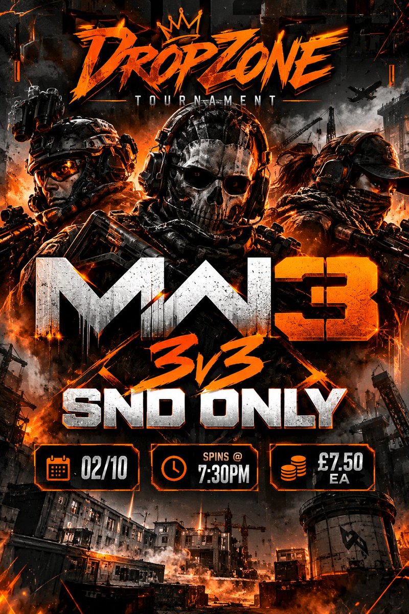 dropzone_cod's tweet photo. 🔥MW3 IS BACK🔥

🎮 3v3 SND ONLY - SOLO ENTRY 
📅 TODAY 
🕢 SPINS @ 7:30PM BST
💰 £7.50 EA

Time to dust off those MW3 SND skills 👀 https://t.co/2pv03L7lxD