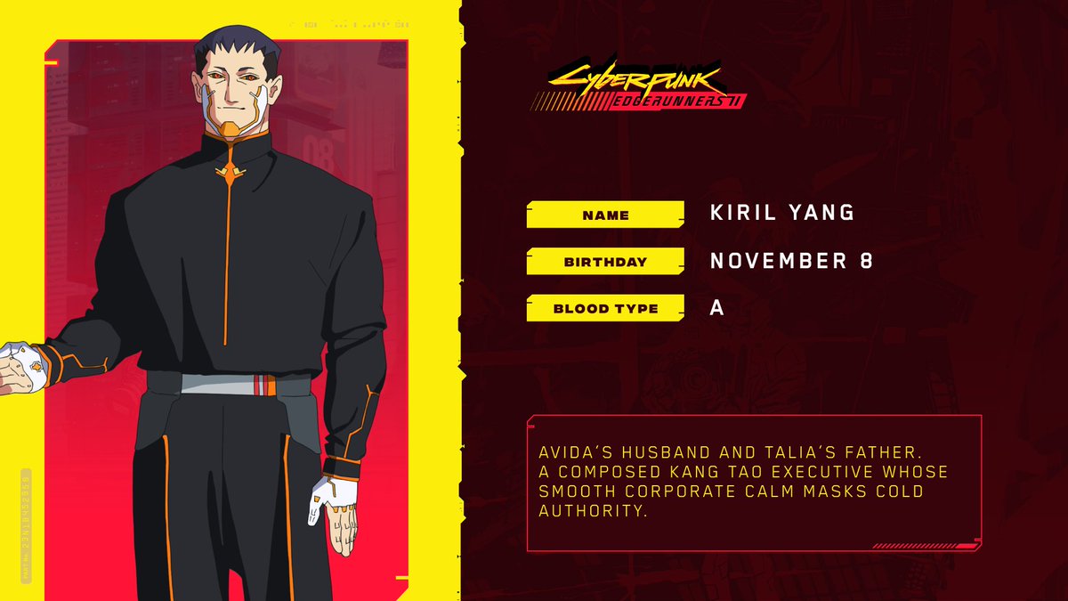 edgerunners's tweet photo. Power doesn’t need to raise its voice. 💪

Avida’s husband and Talia’s father, Kiril is a composed Kang Tao executive whose smooth corporate calm masks a cold authority.

Keep up with all the latest news for Cyberpunk: Edgerunners 2 here: https://t.co/mCl38RCd4l https://t.co/MaQZFlOlWE