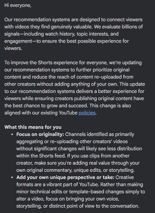 JlnJulen's tweet photo. Lo nuevo de Youtube me parece bastante buena noticia.

YouTube va a empezar a dar menos alcance a los Shorts que son básicamente vídeos de otros con cuatro cambios encima.

Si todo tu “modelo de negocio” era recortar contenido ajeno y poner subtítulos, igual se complica la cosa. https://t.co/W6Lf6aatRL
