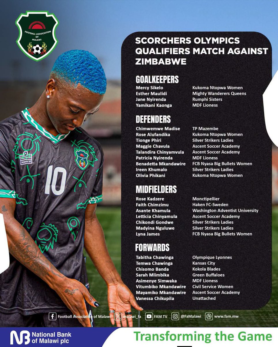 JWsports1's tweet photo. 🚀 LA 2028 | World Cup-bound Malawi largely retain Wafcon 2026 squad for Olympic Qualifier against Zimbabwe.  

🗓️ 1st leg – Friday 9 October 

🗓️ 2nd leg – Tuesday 13 October

🎯 Winner will face Kenya/Seychelles in the third round in February 2027. https://t.co/Q21xMXAfeX
