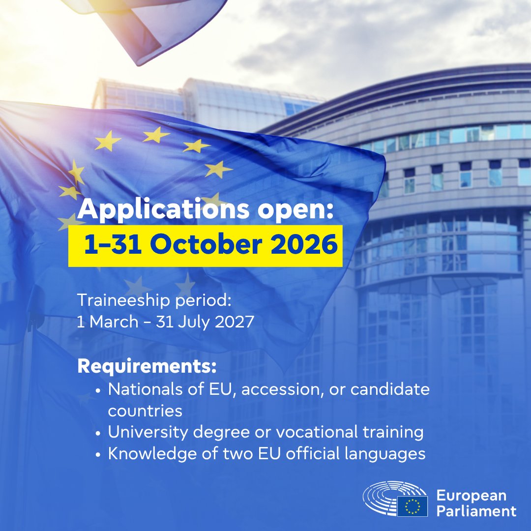 Europarl_EN's tweet photo. Know someone who would be a great fit for the European Parliament?

Applications for Schuman traineeships are now open until 31 October!

Find out everything you need to know here ➡️ https://t.co/GsSjnShqWe https://t.co/A3LK2Exp7M