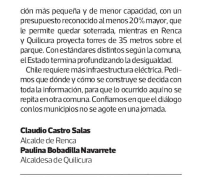 cn_castro's tweet photo. Que lo que nos pasa en Renca y Quilicura no le pase a ninguna otra comuna. Hoy nos reuniremos con la ministra @ximerincon para pedir igualdad de trato, justicia territorial, no a las torres en los Cerros de Renca y voz municipal antes de cada decreto. Carta en @latercera 👇 https://t.co/LvBAVKy0Bx
