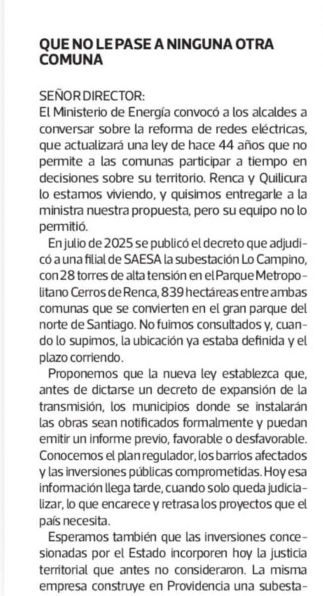 cn_castro's tweet photo. Que lo que nos pasa en Renca y Quilicura no le pase a ninguna otra comuna. Hoy nos reuniremos con la ministra @ximerincon para pedir igualdad de trato, justicia territorial, no a las torres en los Cerros de Renca y voz municipal antes de cada decreto. Carta en @latercera 👇 https://t.co/LvBAVKy0Bx