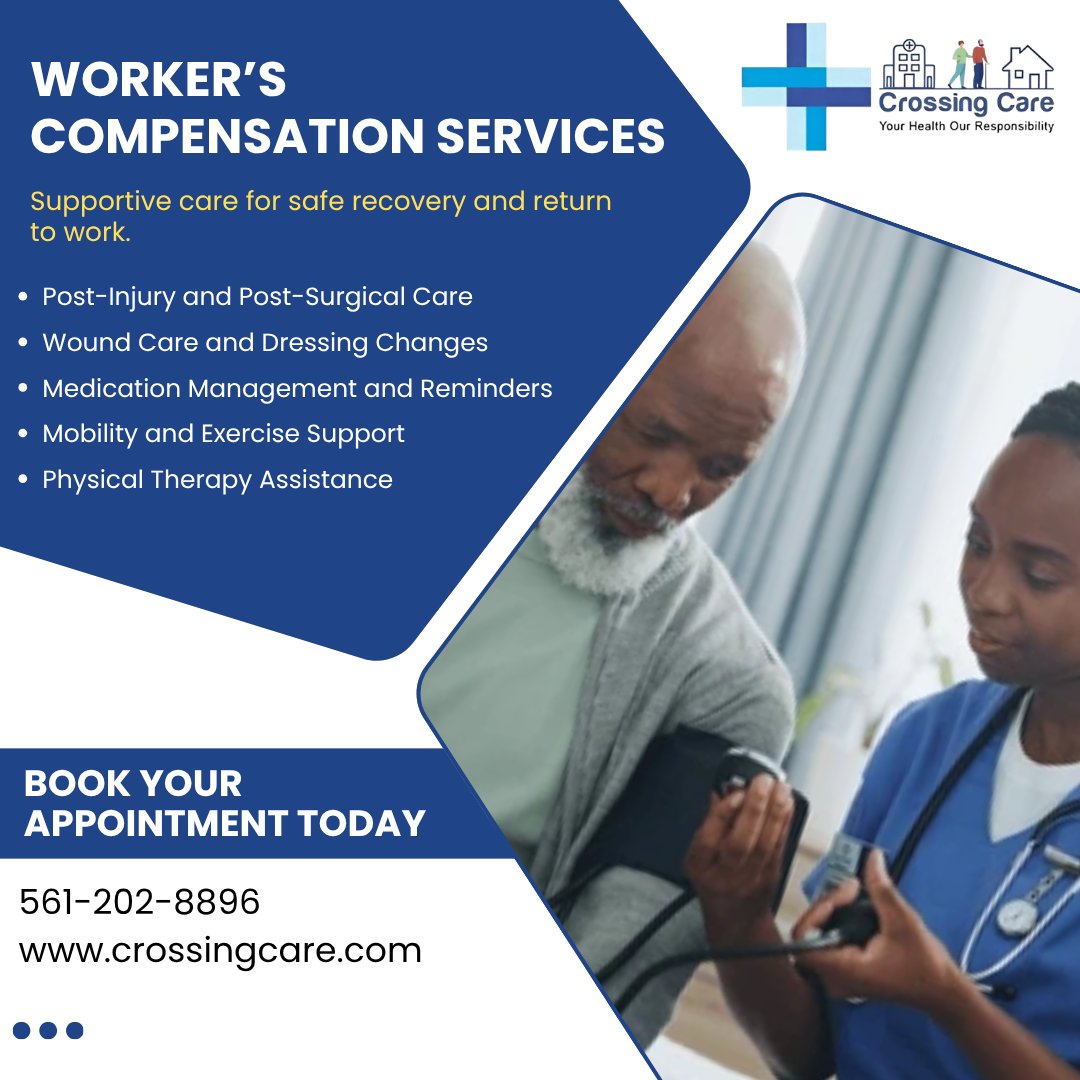 crossing_care's tweet photo. Supportive Care for a Safe Recovery &amp; Return to Work 🤝

Recovering from a workplace injury or surgery can require ongoing support. 

📞 Call us today: (561) 202-8896

🌐 https://t.co/NGti8EJt4r

#crossingcare #workerscompensation #injuryrecovery #postoperativecare #woundcare https://t.co/klwqutsHWa